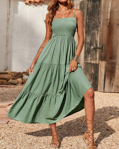 CM | Bohemio Vestido Largo Espagueti Correa Sólido Swing Playa Maxi Vestido Sin Mangas