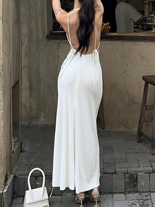 CM | Bodycon maxi vestido blanco de canalé con cuello halterneck