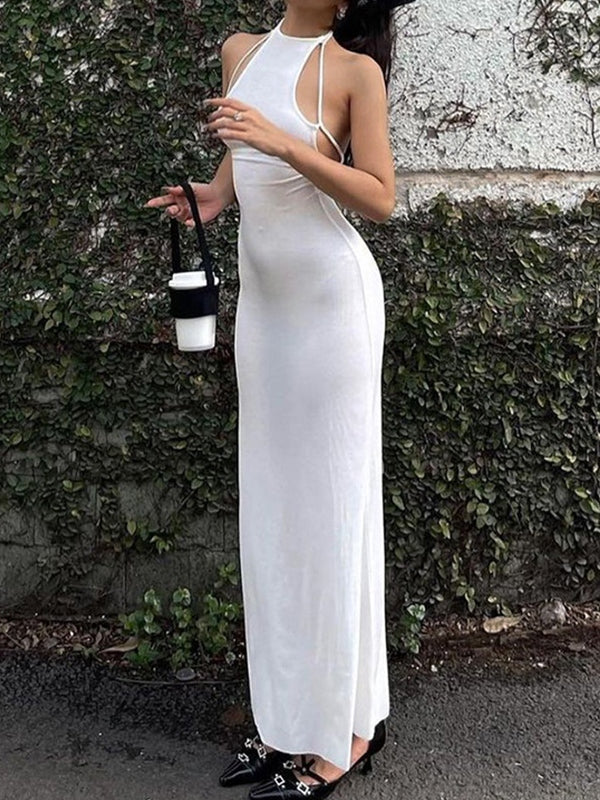 CM | Bodycon maxi vestido blanco de canalé con cuello halterneck