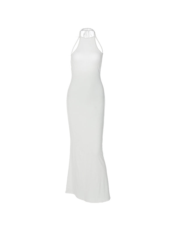 CM | Bodycon maxi vestido blanco de canalé con cuello halterneck