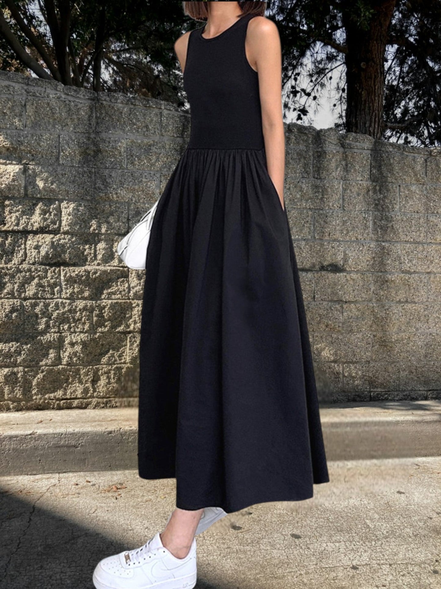 CM | Vestido largo casual de mujer en algodón con escote redondo, sin mangas, corte cómodo