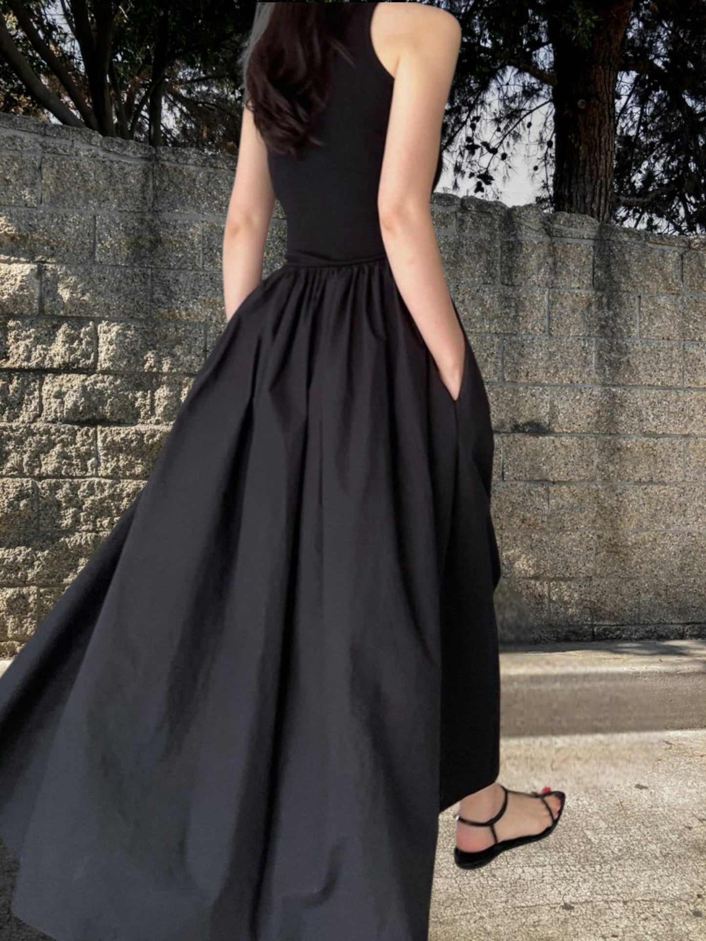 CM | Vestido largo casual de mujer en algodón con escote redondo, sin mangas, corte cómodo