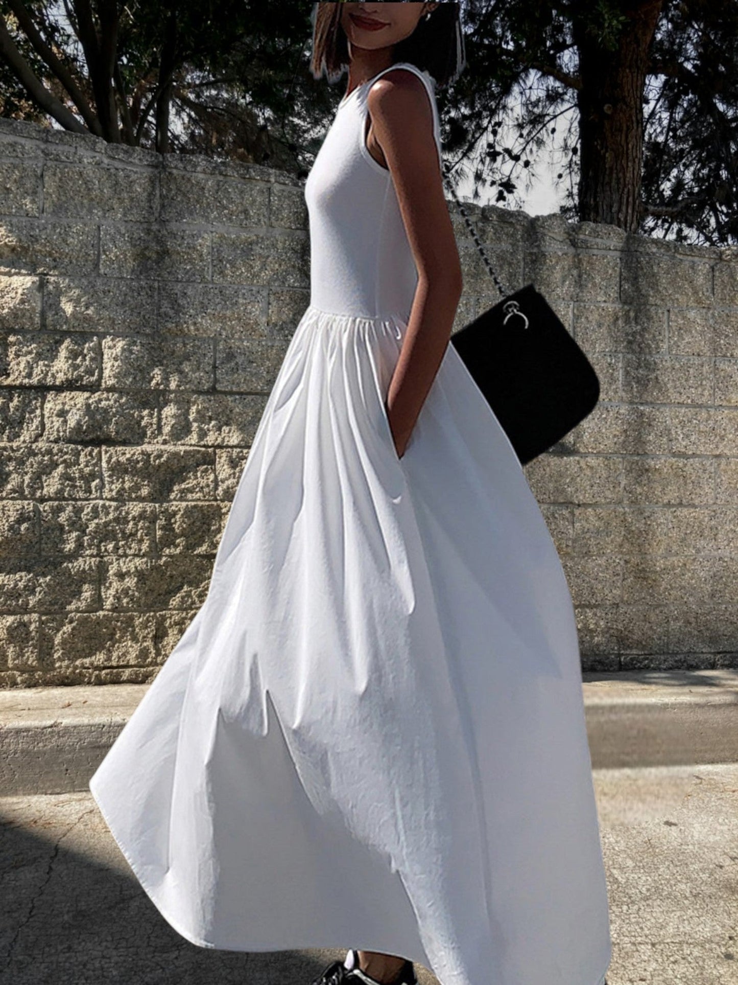 CM | Vestido largo casual de mujer en algodón con escote redondo, sin mangas, corte cómodo