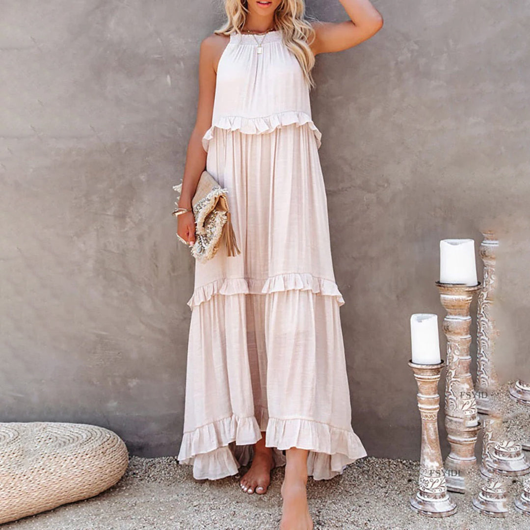 CM | maxi vestido de mujer - sin mangas y escote halterneck - corte en A - ribete de volantes