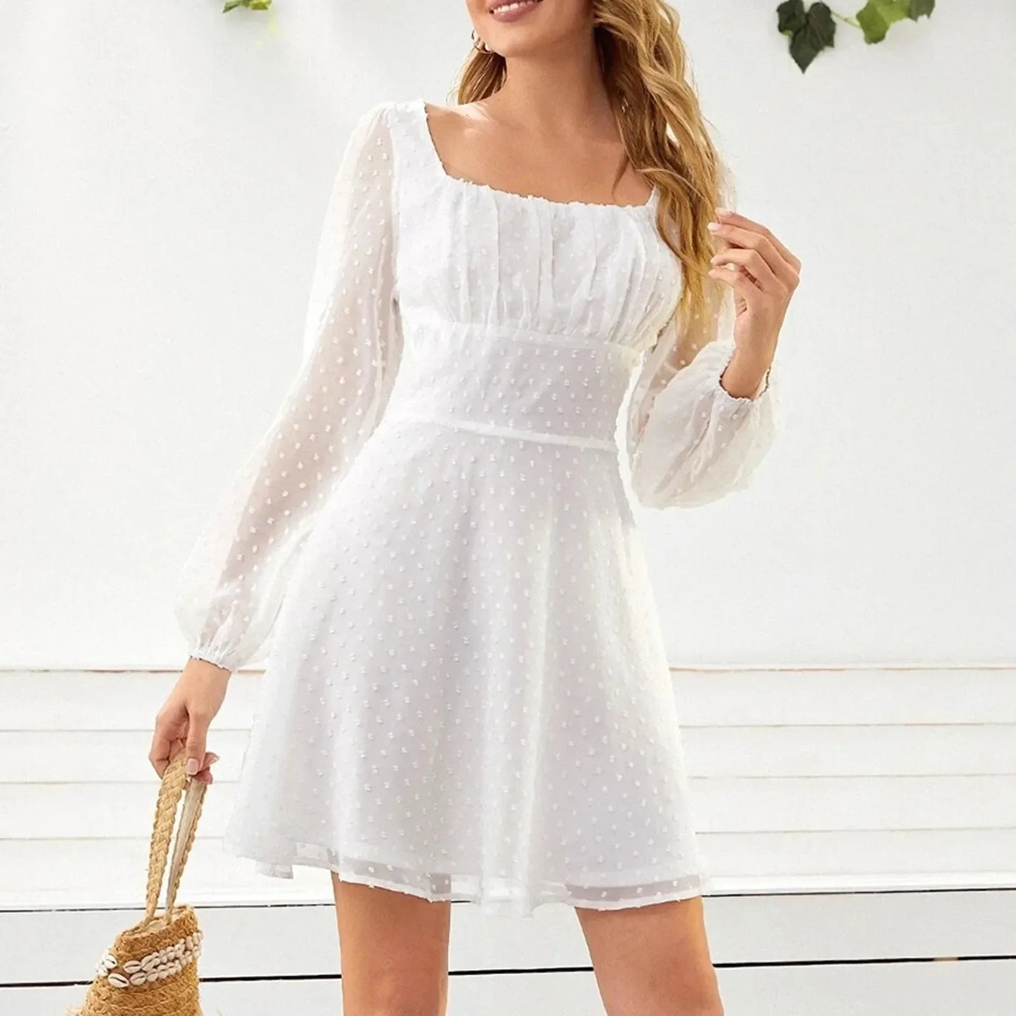 CM | 2024 Temperamento de invierno Elegante moda casual con mangas largas y cintura alta vestido midi