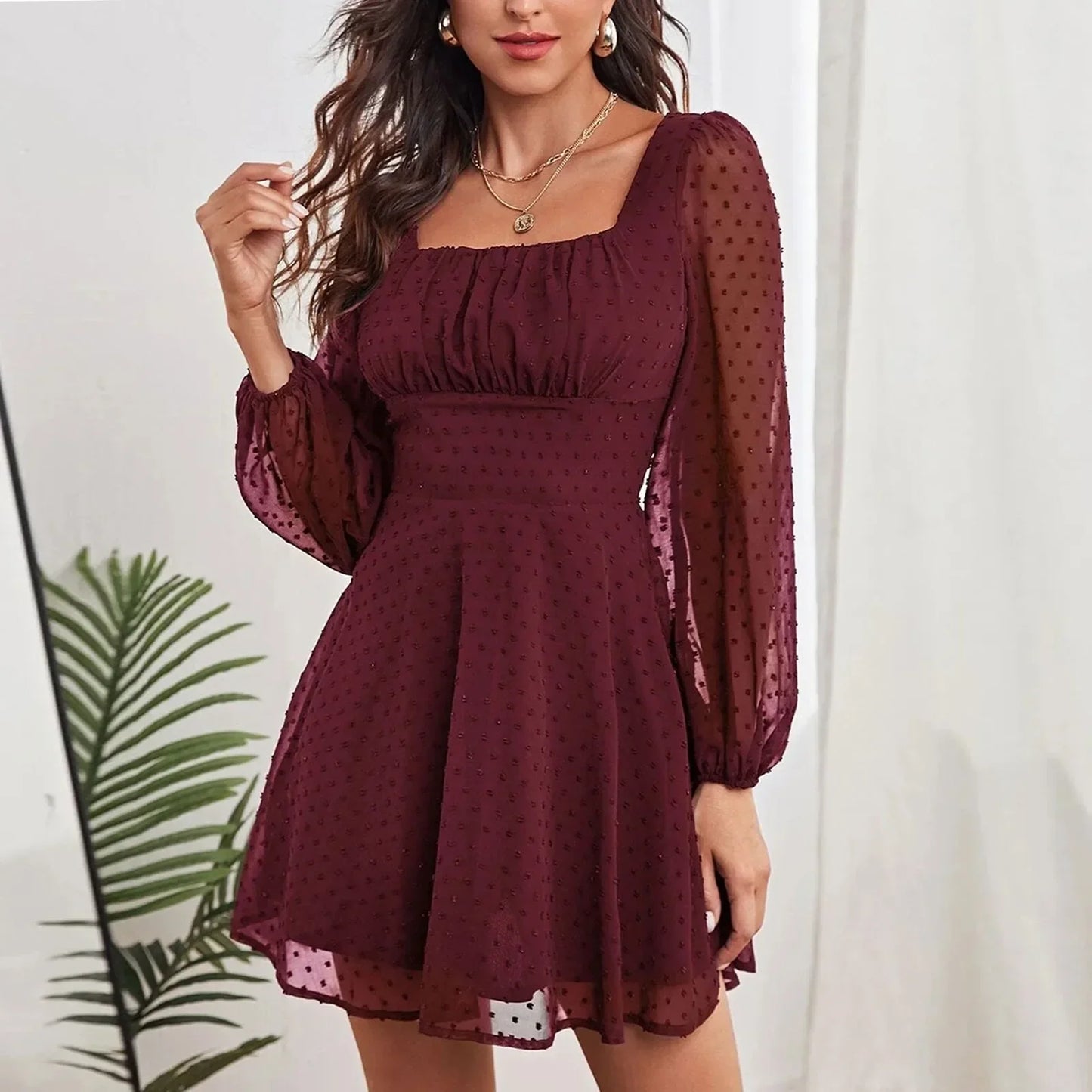 CM | 2024 Temperamento de invierno Elegante moda casual con mangas largas y cintura alta vestido midi