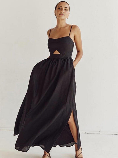 CM | maxi vestido de mujer - silueta en A - tirantes espagueti - detalle cut-out - bolsillos