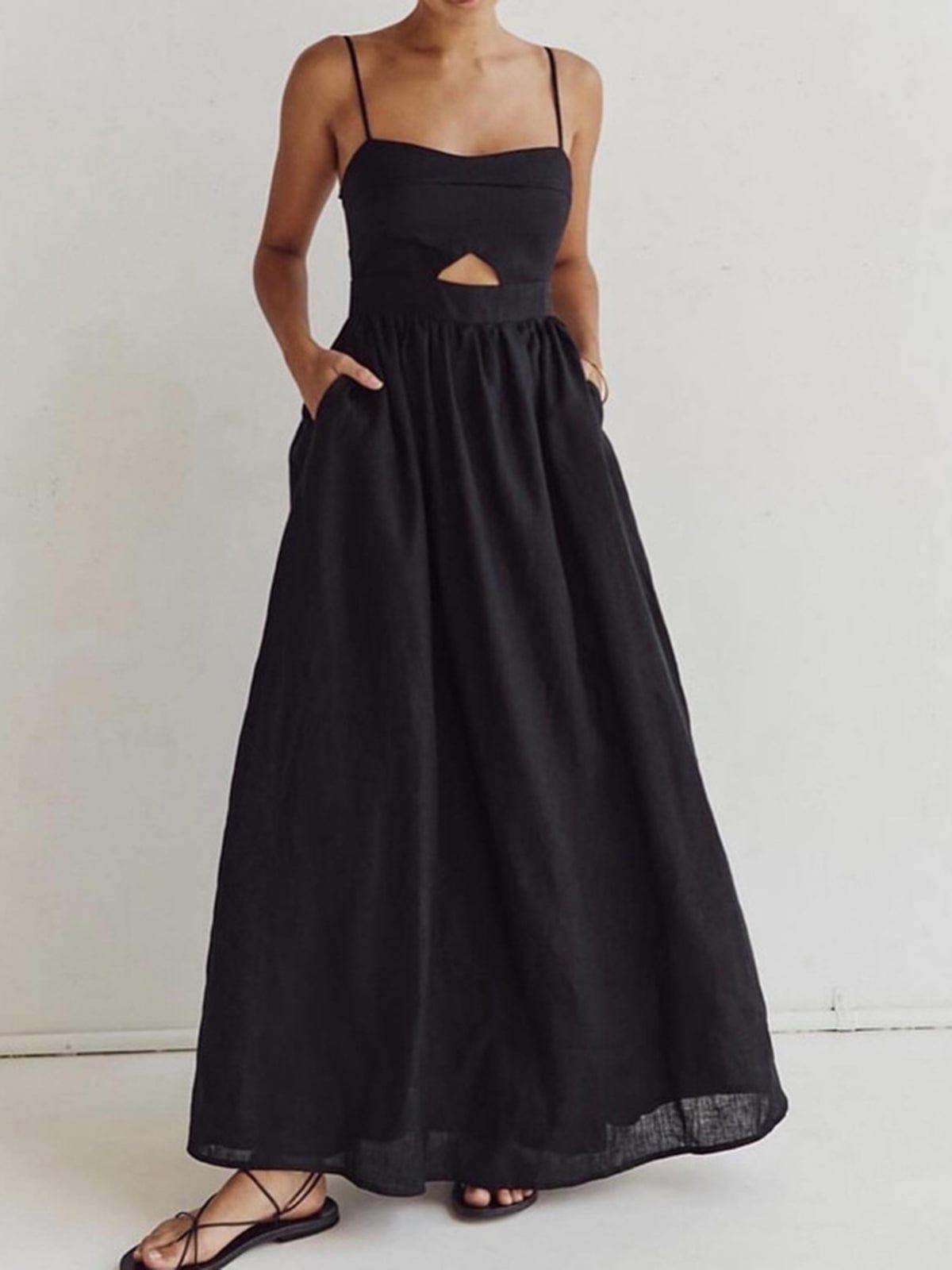 CM | maxi vestido de mujer - silueta en A - tirantes espagueti - detalle cut-out - bolsillos