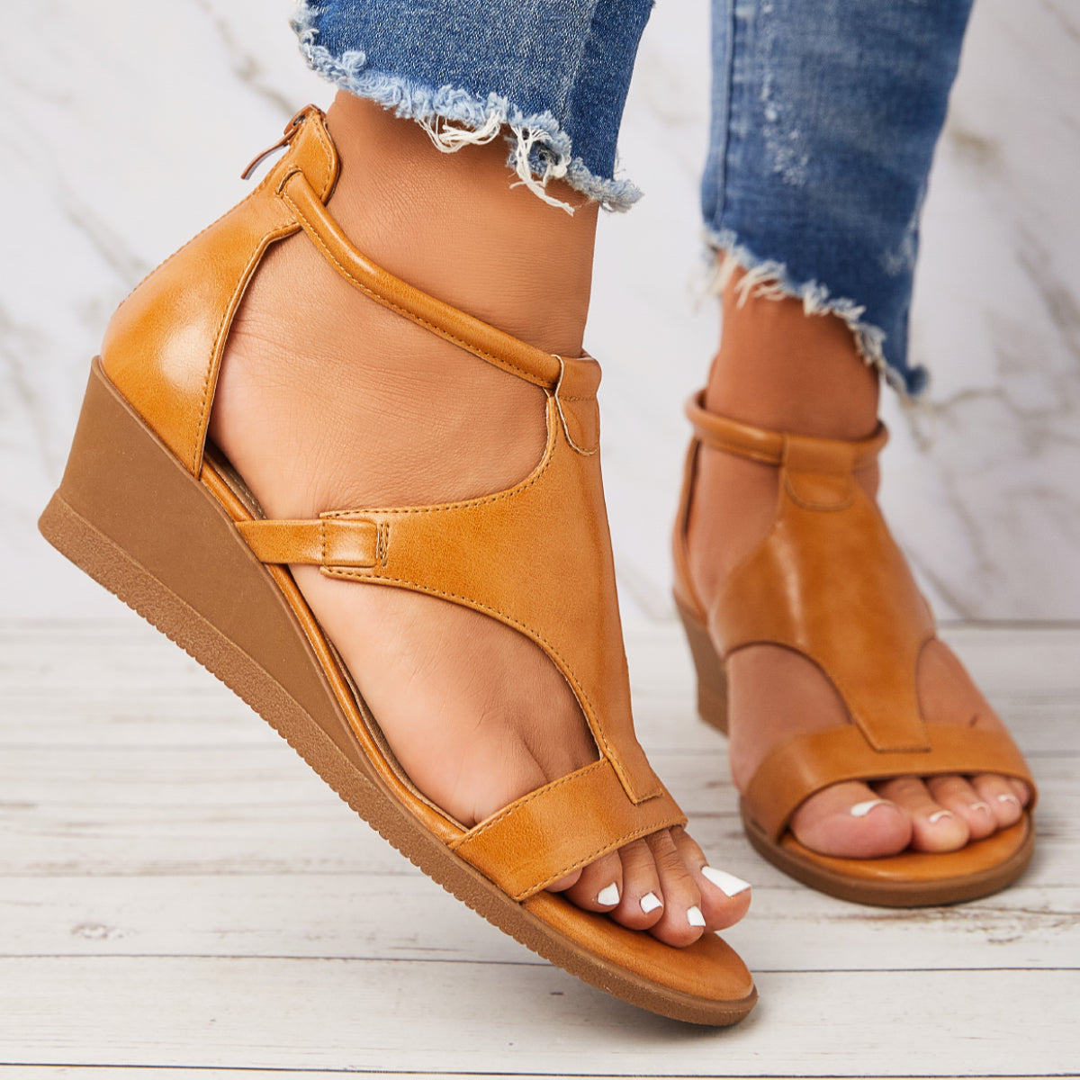 CM | T-Strap Sandalias de cuña baja Volver Cremallera Correa de tobillo Zapatos