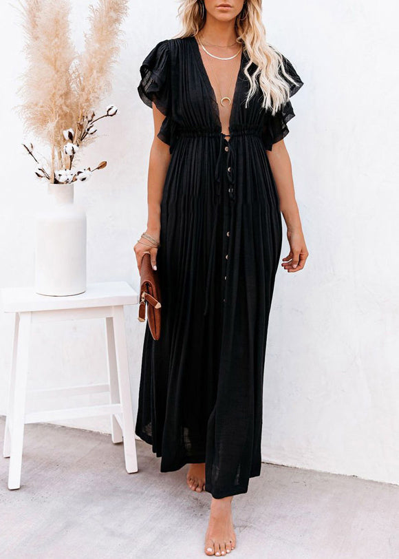 CM | Patchwork Vestido Largo Verano Solid Ruffled