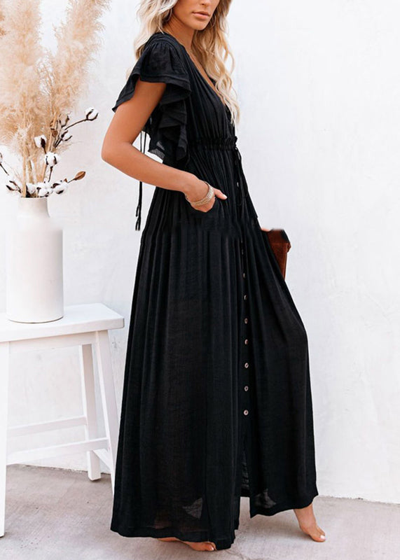 CM | Patchwork Vestido Largo Verano Solid Ruffled