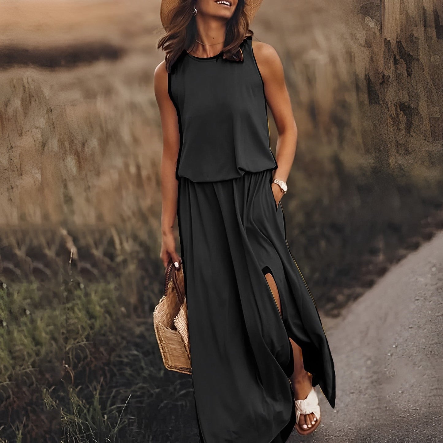 CM | Vestido largo, sin mangas y vaporoso