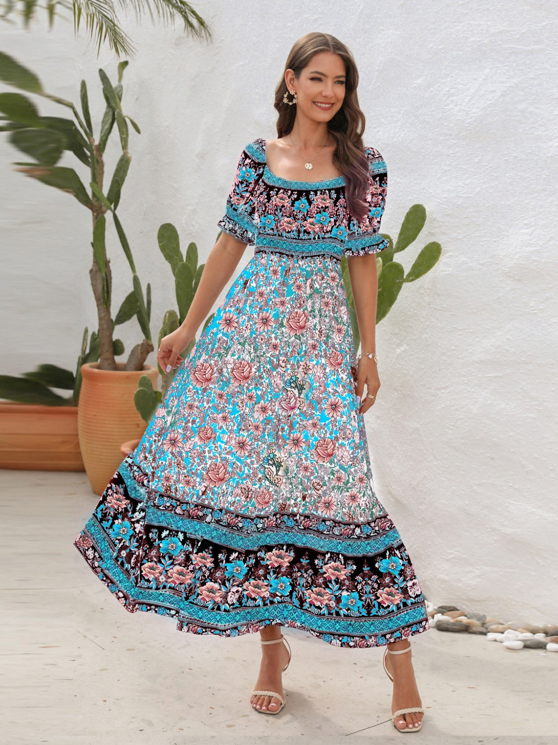 CM | Maxivestido de mujer - Top fruncido - Mangas abullonadas - Abertura lateral - Estilo bohemio
