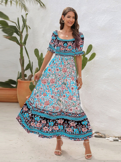 CM | Maxivestido de mujer - Top fruncido - Mangas abullonadas - Abertura lateral - Estilo bohemio
