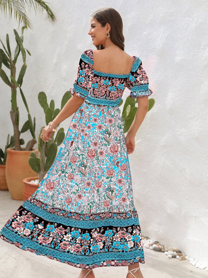 CM | Maxivestido de mujer - Top fruncido - Mangas abullonadas - Abertura lateral - Estilo bohemio