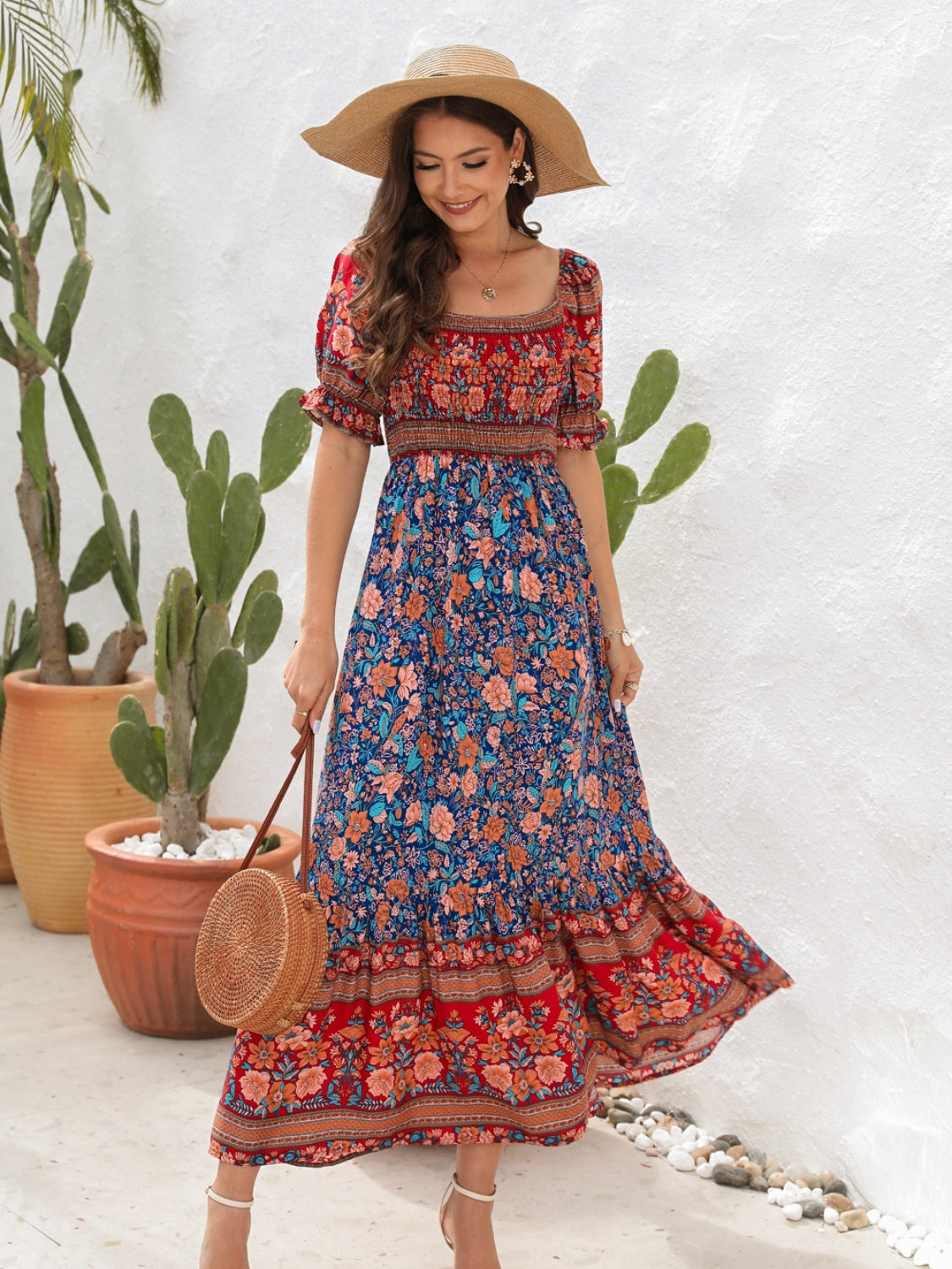 CM | Maxivestido de mujer - Top fruncido - Mangas abullonadas - Abertura lateral - Estilo bohemio
