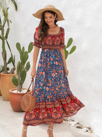 CM | Maxivestido de mujer - Top fruncido - Mangas abullonadas - Abertura lateral - Estilo bohemio
