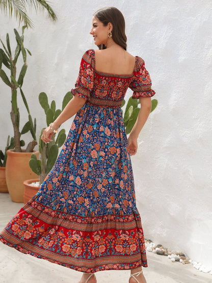CM | Maxivestido de mujer - Top fruncido - Mangas abullonadas - Abertura lateral - Estilo bohemio