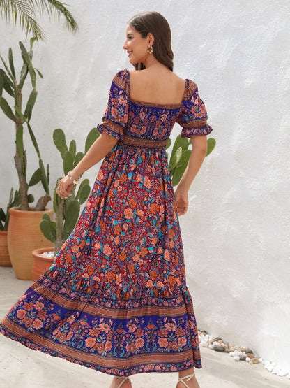 CM | Maxivestido de mujer - Top fruncido - Mangas abullonadas - Abertura lateral - Estilo bohemio