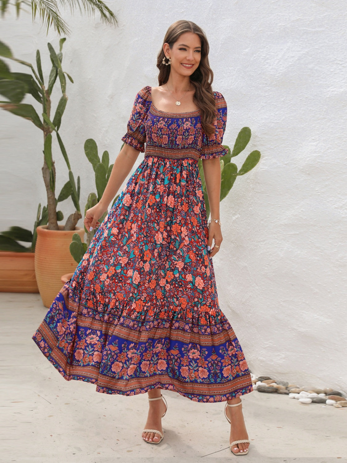 CM | Maxivestido de mujer - Top fruncido - Mangas abullonadas - Abertura lateral - Estilo bohemio