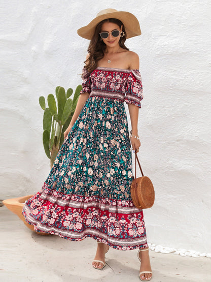 CM | Maxivestido de mujer - Top fruncido - Mangas abullonadas - Abertura lateral - Estilo bohemio