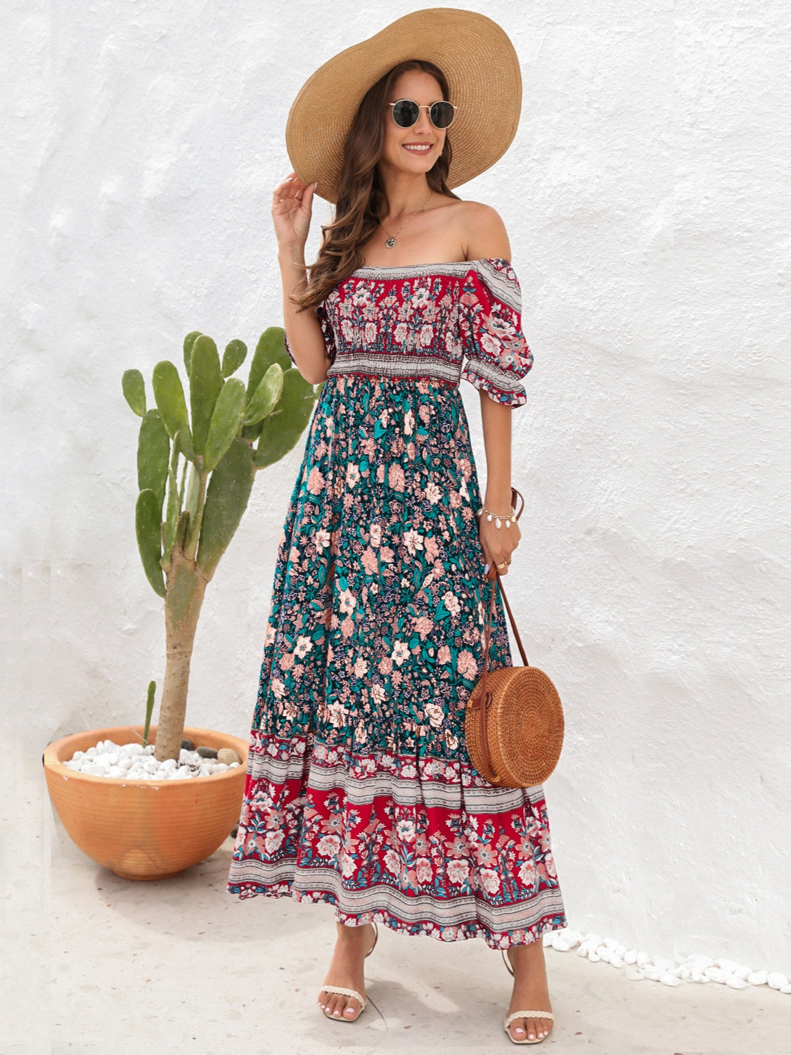 CM | Maxivestido de mujer - Top fruncido - Mangas abullonadas - Abertura lateral - Estilo bohemio