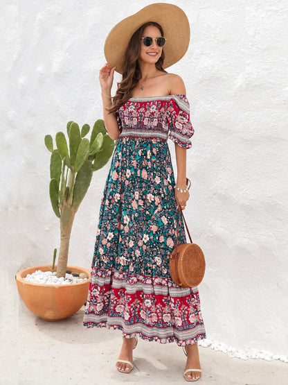 CM | Maxivestido de mujer - Top fruncido - Mangas abullonadas - Abertura lateral - Estilo bohemio