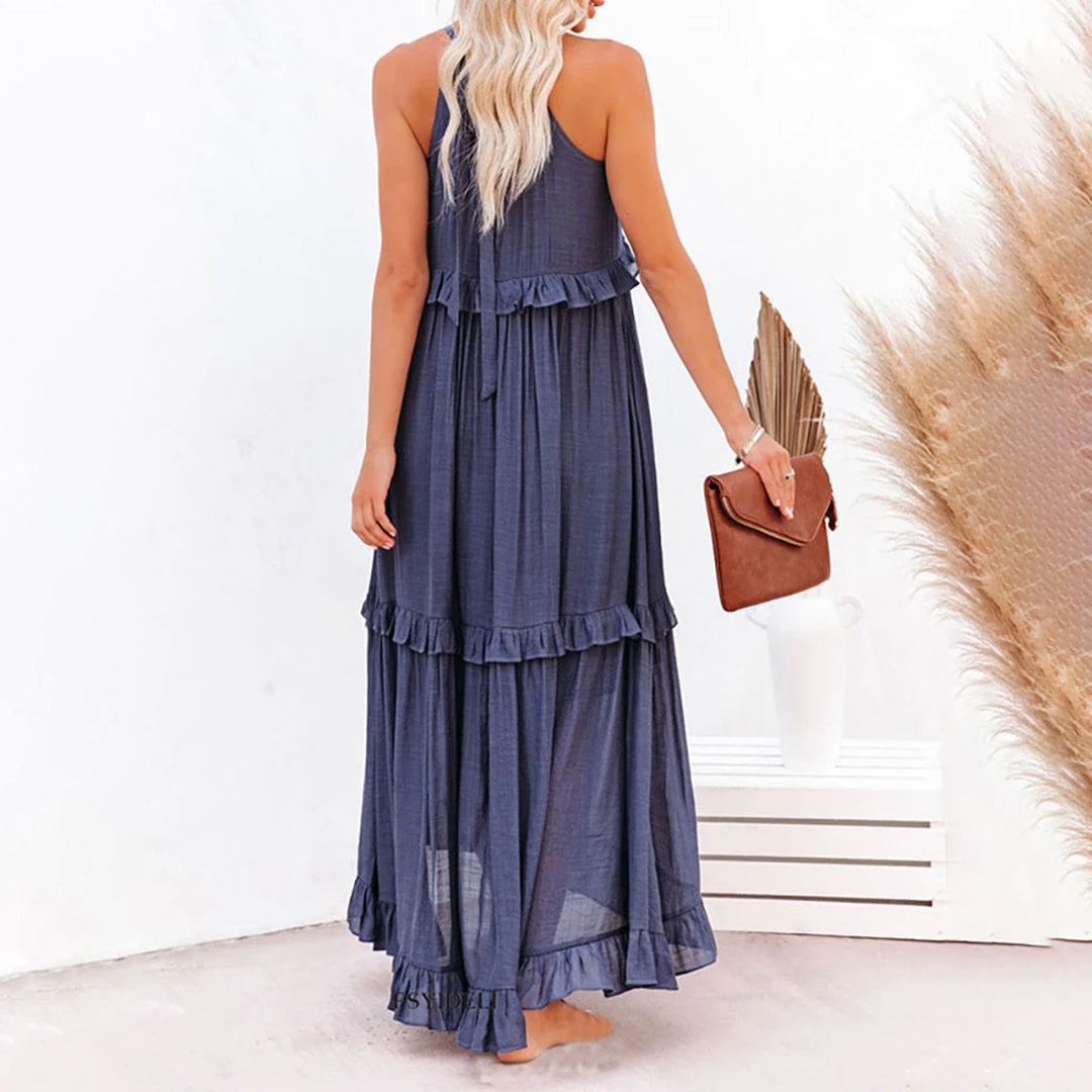 CM | maxi vestido de mujer - sin mangas y escote halterneck - corte en A - ribete de volantes