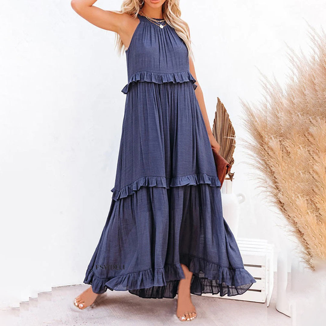 CM | maxi vestido de mujer - sin mangas y escote halterneck - corte en A - ribete de volantes