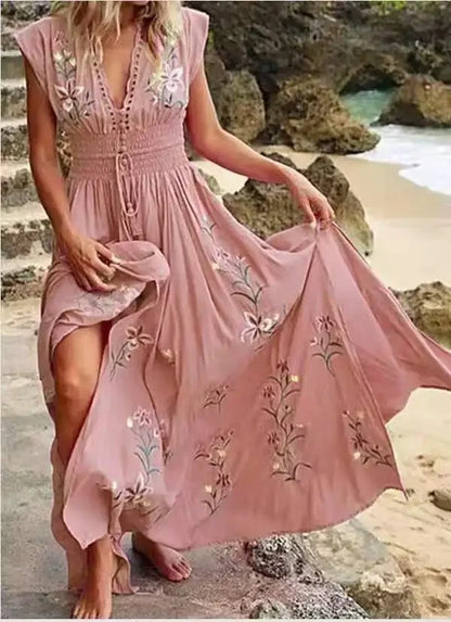 CM | 2024 Elegante vestido largo boho con estampado floral y escote en V