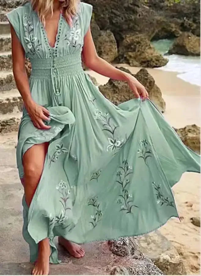 CM | 2024 Elegante vestido largo boho con estampado floral y escote en V