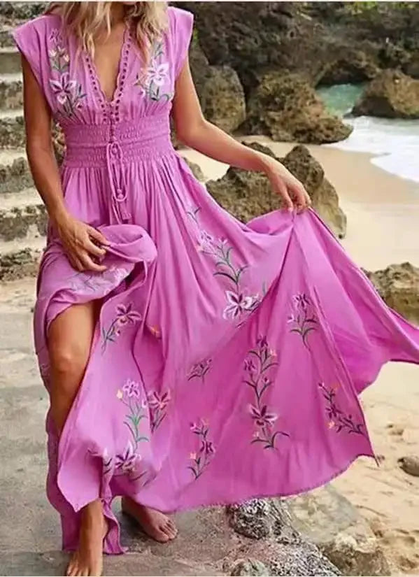 CM | 2024 Elegante vestido largo boho con estampado floral y escote en V
