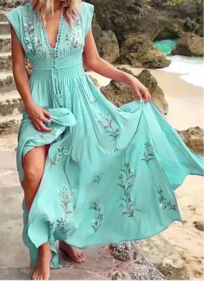 CM | 2024 Elegante vestido largo boho con estampado floral y escote en V