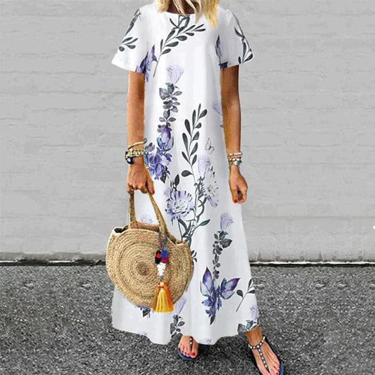 CM | Maxivestido de mujer - Corte relajado - Mangas cortas - Fibras naturales - Estampado floral
