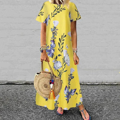 CM | Maxivestido de mujer - Corte relajado - Mangas cortas - Fibras naturales - Estampado floral