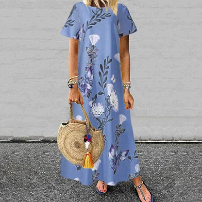 CM | Maxivestido de mujer - Corte relajado - Mangas cortas - Fibras naturales - Estampado floral