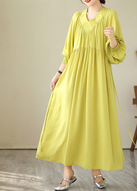 CM | Amarillo Cuello en V Verde Vestido Largo Mangas Abullonadas VB1009