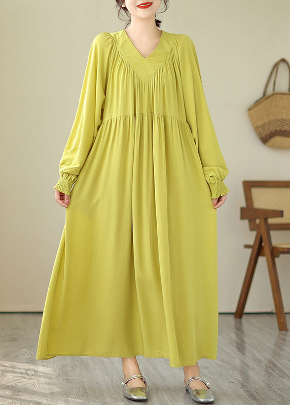 CM | Amarillo Cuello en V Verde Vestido Largo Mangas Abullonadas VB1009