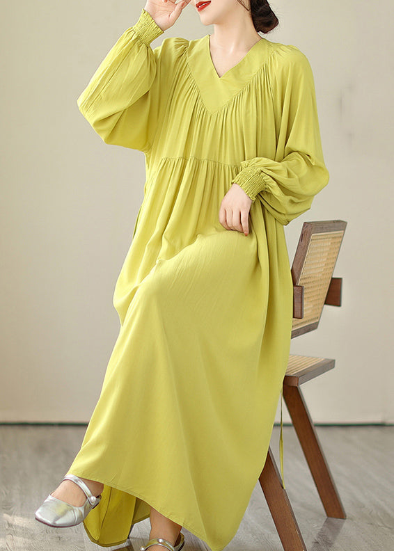 CM | Amarillo Cuello en V Verde Vestido Largo Mangas Abullonadas VB1009