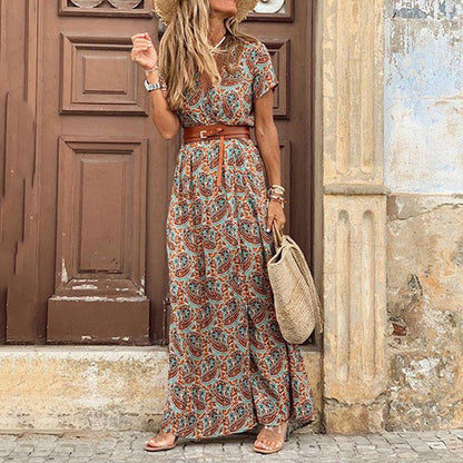 CM | Maxivestido de mujer - Estampado paisley - Cuello en pico - Mangas cortas - Ajuste con cinturón - Abertura lateral