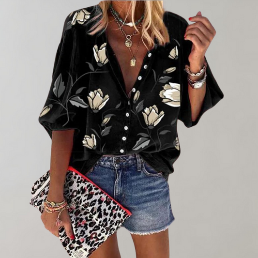 CM | Blusa de verano Blusa casual de mujer con estampado floral y botones