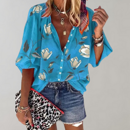CM | Blusa de verano Blusa casual de mujer con estampado floral y botones