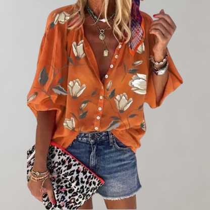 CM | Blusa de verano Blusa casual de mujer con estampado floral y botones