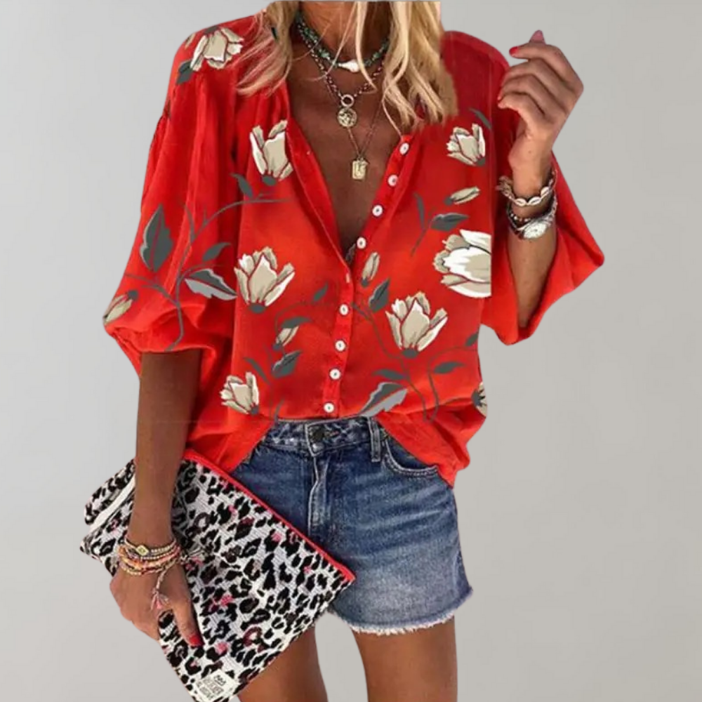 CM | Blusa de verano Blusa casual de mujer con estampado floral y botones