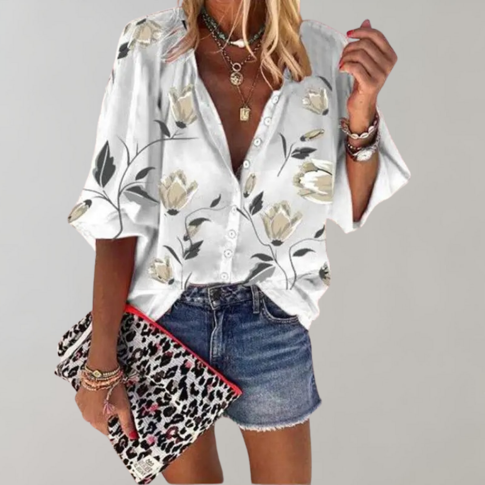 CM | Blusa de verano Blusa casual de mujer con estampado floral y botones