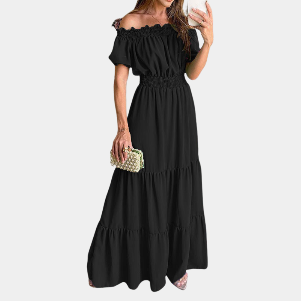 CM | Maxivestido de mujer - Sin hombros - Diseño en capas - Cintura elástica - Mangas cortas