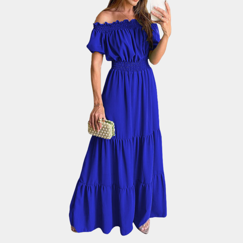 CM | Maxivestido de mujer - Sin hombros - Diseño en capas - Cintura elástica - Mangas cortas
