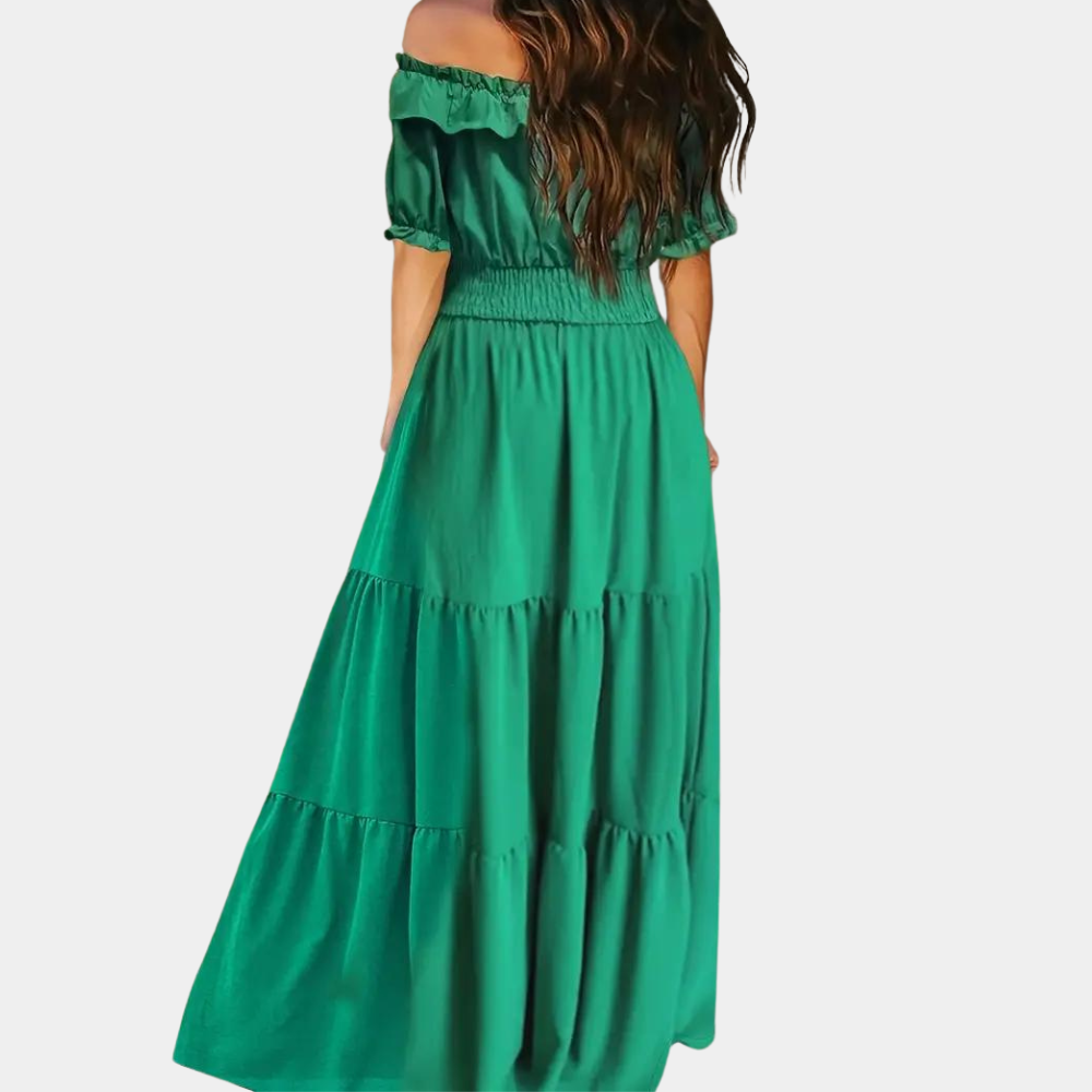 CM | Maxivestido de mujer - Sin hombros - Diseño en capas - Cintura elástica - Mangas cortas