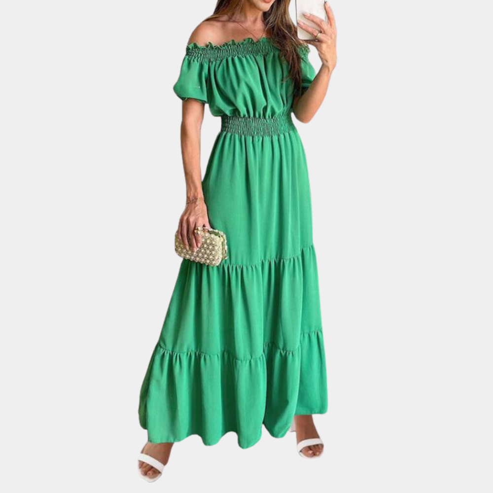 CM | Maxivestido de mujer - Sin hombros - Diseño en capas - Cintura elástica - Mangas cortas