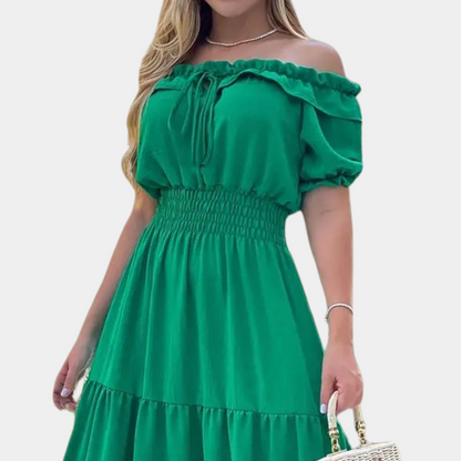 CM | Maxivestido de mujer - Sin hombros - Diseño en capas - Cintura elástica - Mangas cortas